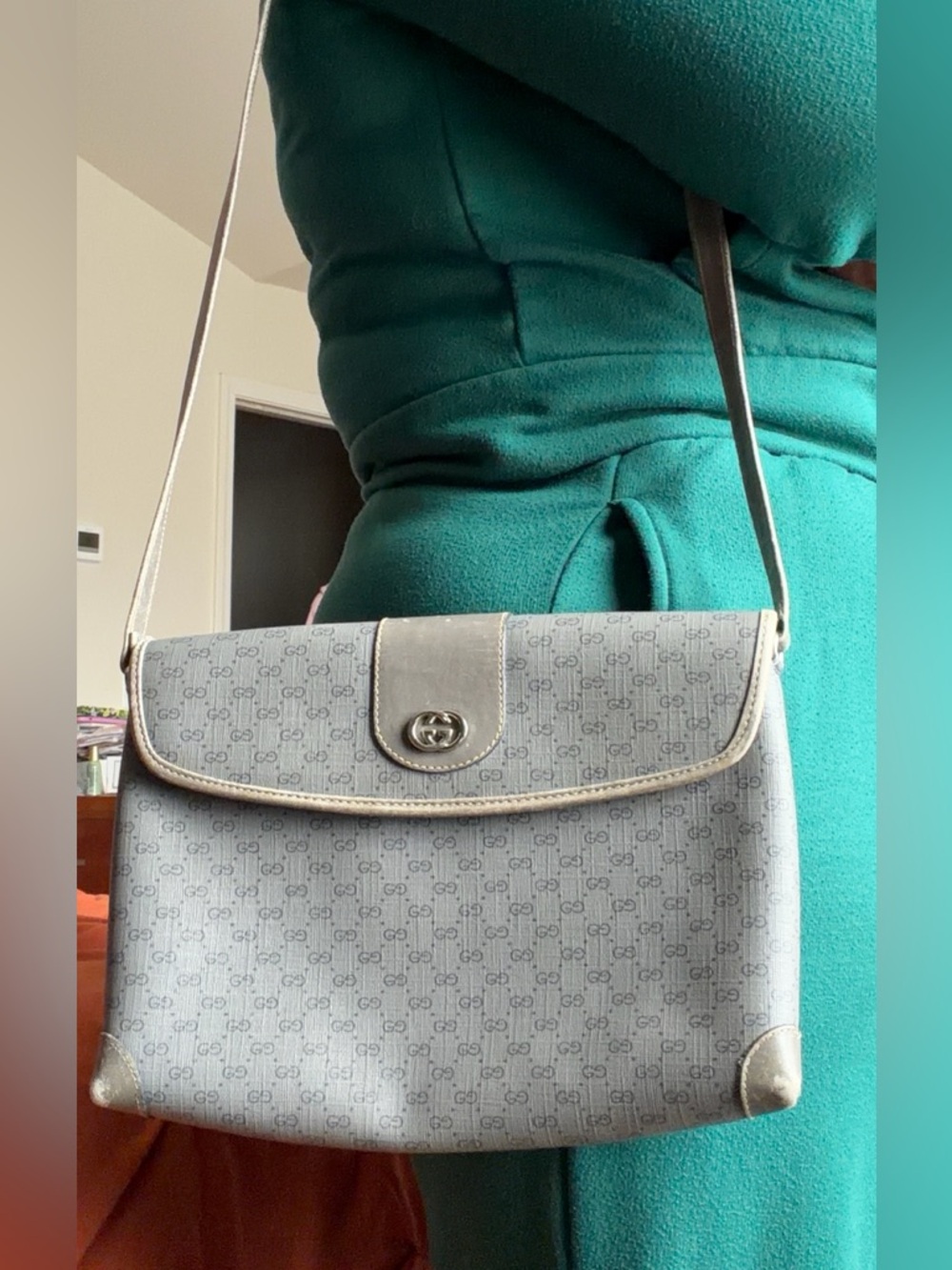 Authentic Gucci Vintage GG Monogram Dusty Blue Crossbody Bag Rare Color